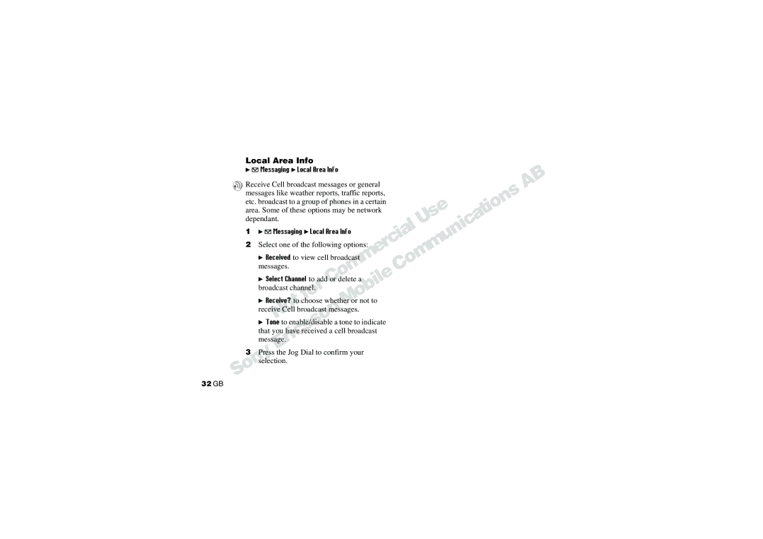 Sony CMD-J70 manual Area. Some of these options may be network Dependant, Messaging Local Area Info, Tone to indicate 