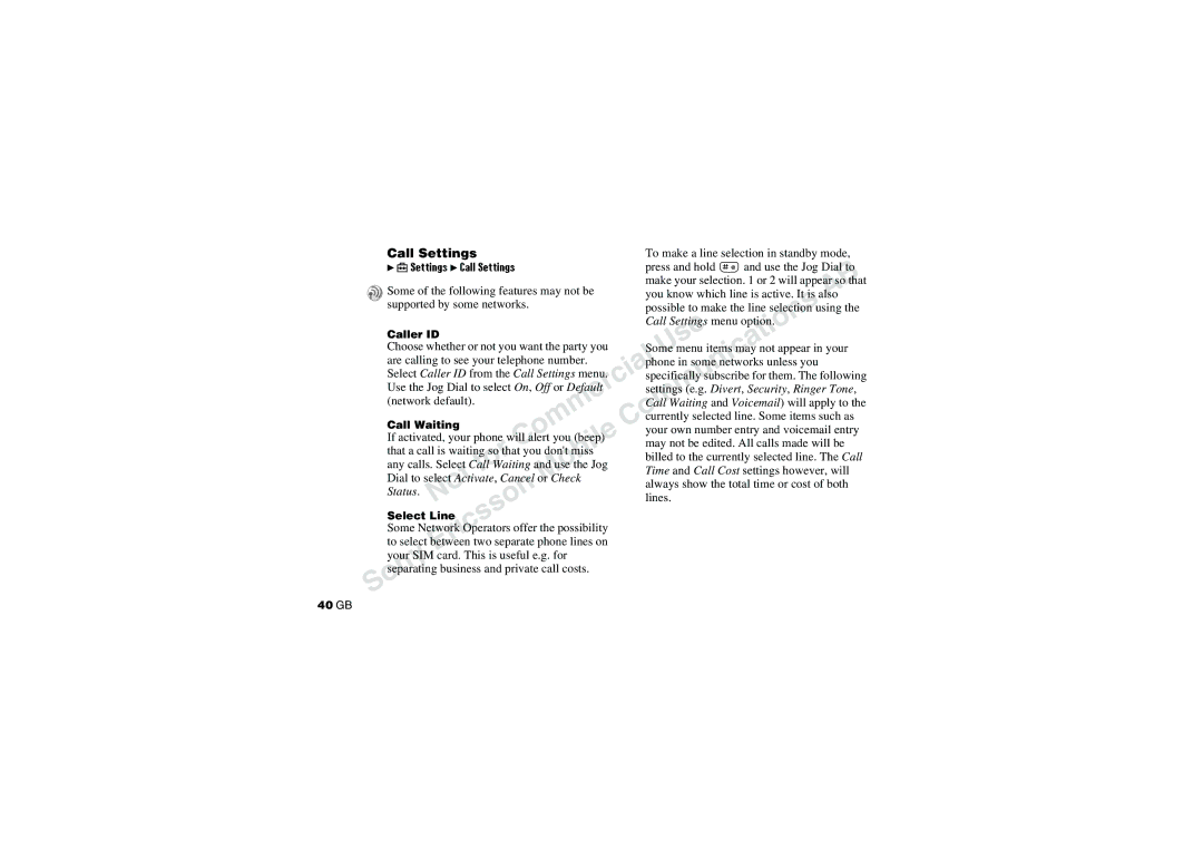 Sony CMD-J70 † Settings Call Settings, Call Settings menu option, Select Caller ID from the Call Settings menu, Status 