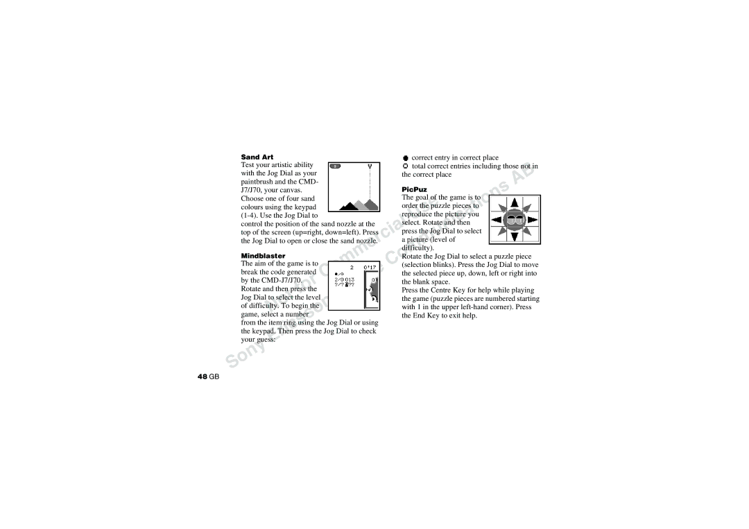 Sony CMD-J70 Correct entry in correct place, Test your artistic ability, Choose one of four sand Goal of the game is to 