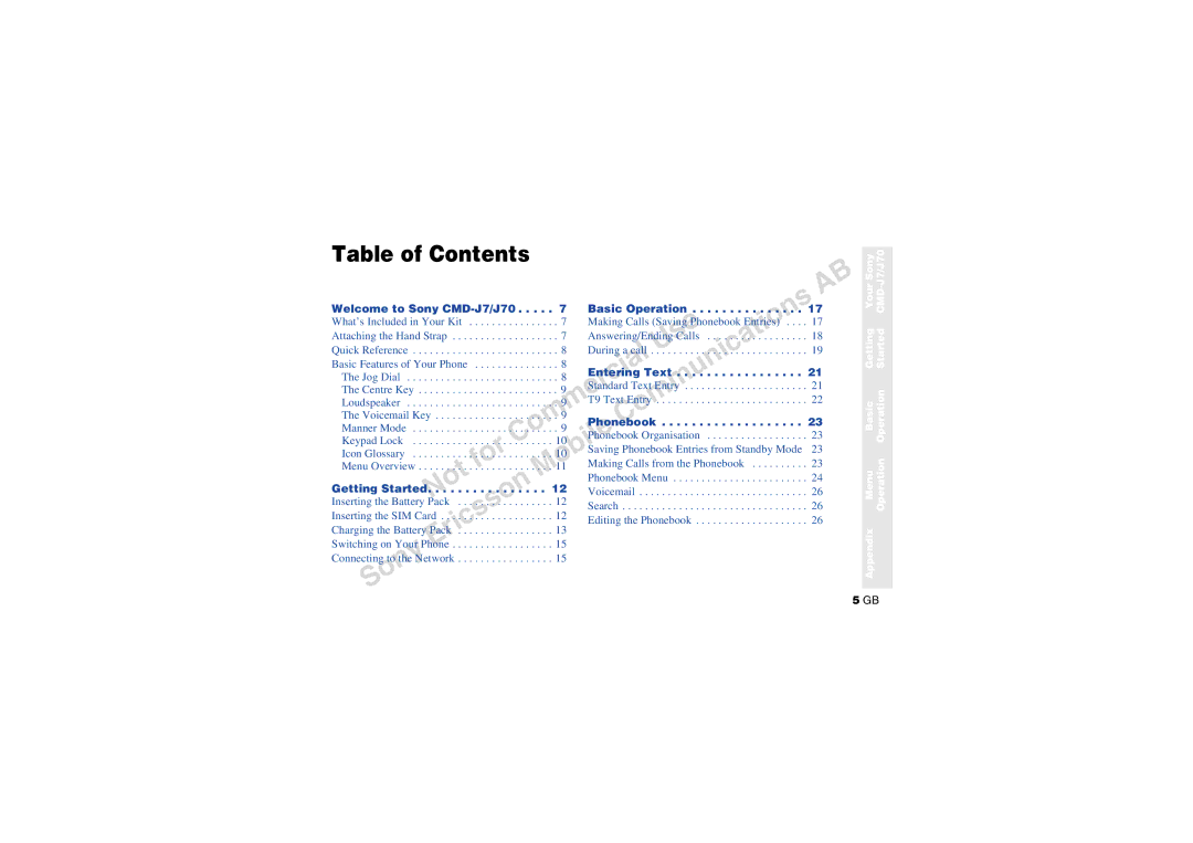 Sony CMD-J70 manual Table of Contents 