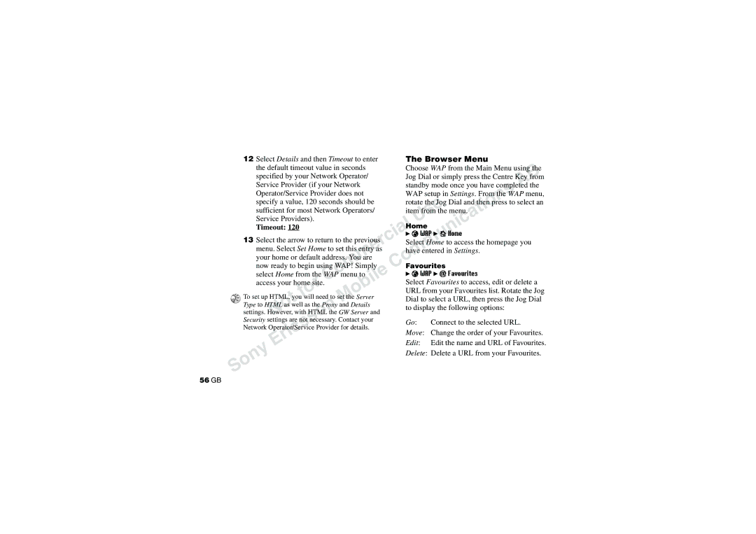 Sony CMD-J70 manual Browser Menu, WAP Favourites 