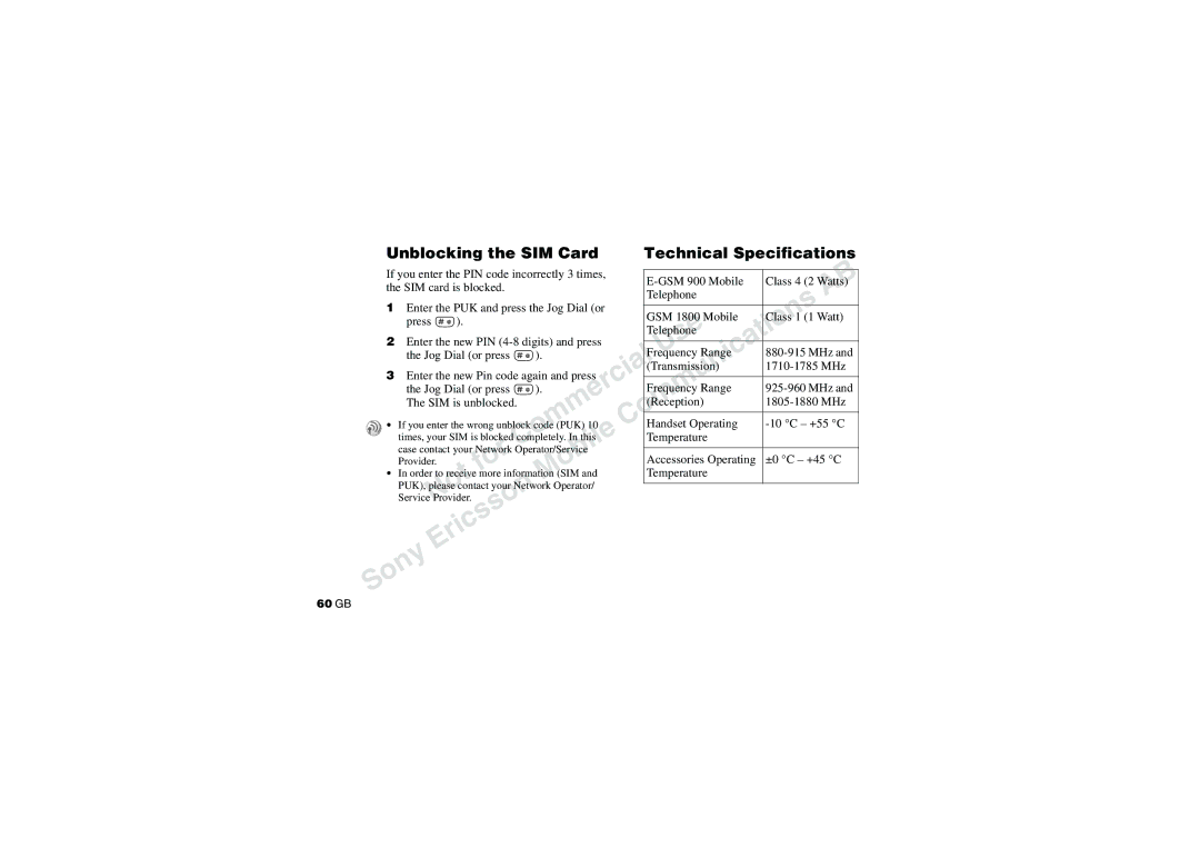 Sony CMD-J70 manual Unblocking the SIM Card Technical Specifications, Handset Operating, Temperature 