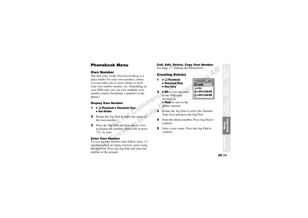 Sony CMD-Z7 manual Own Number Creating Entries, ‘ Phonebook Phonebook Menu 