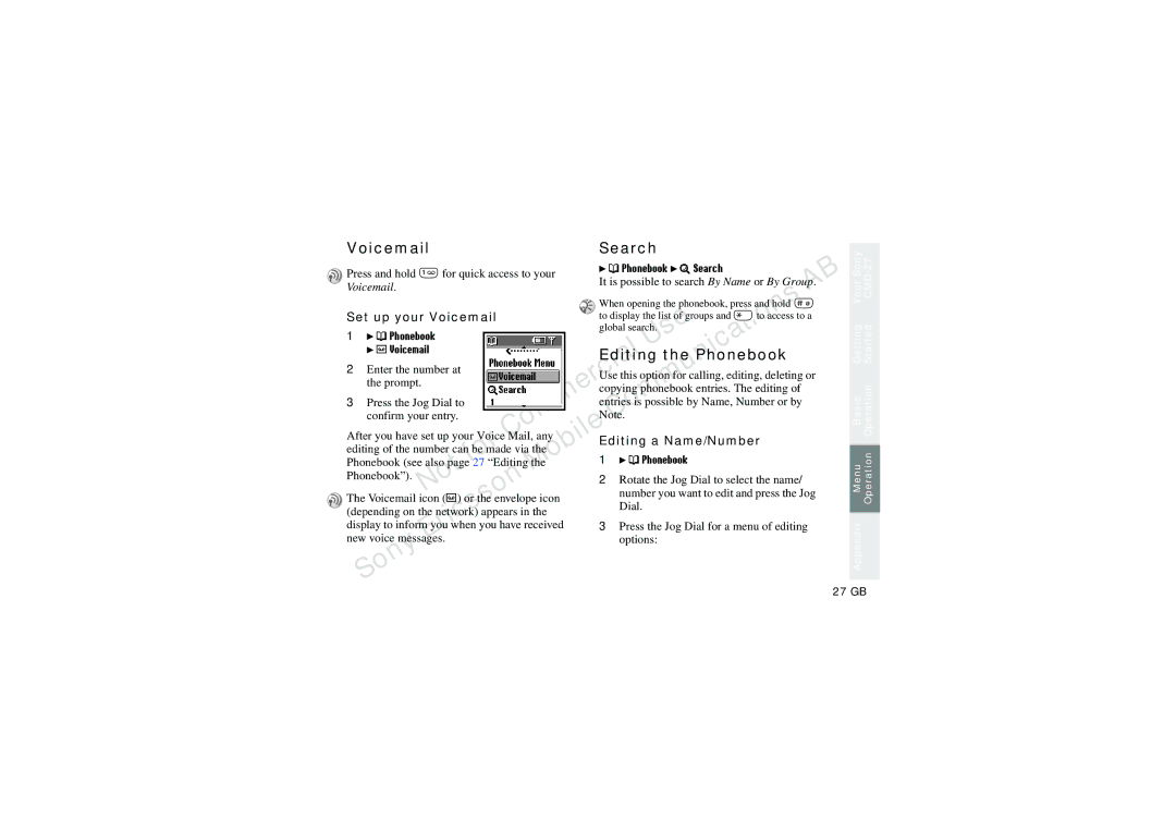 Sony CMD-Z7 manual Voicemail Search, Set up your Voicemail, Editinga, Editing a Name/Number, ‘ Phonebook „ Search 