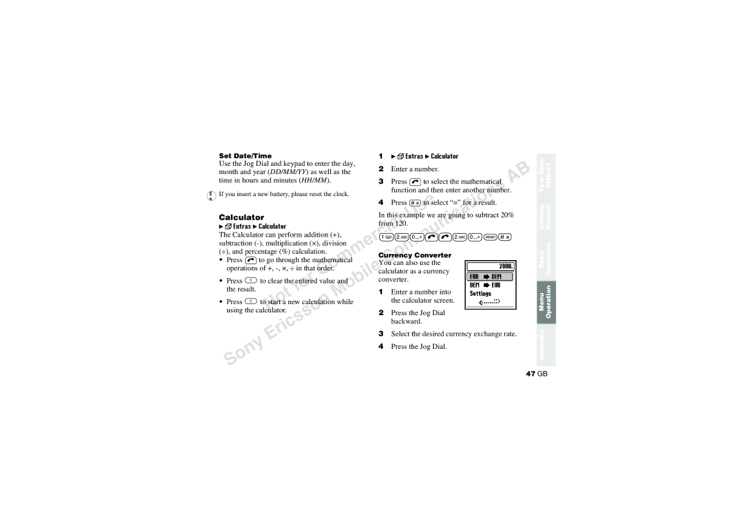 Sony CMD-Z7 manual ‡ Extras Calculator 