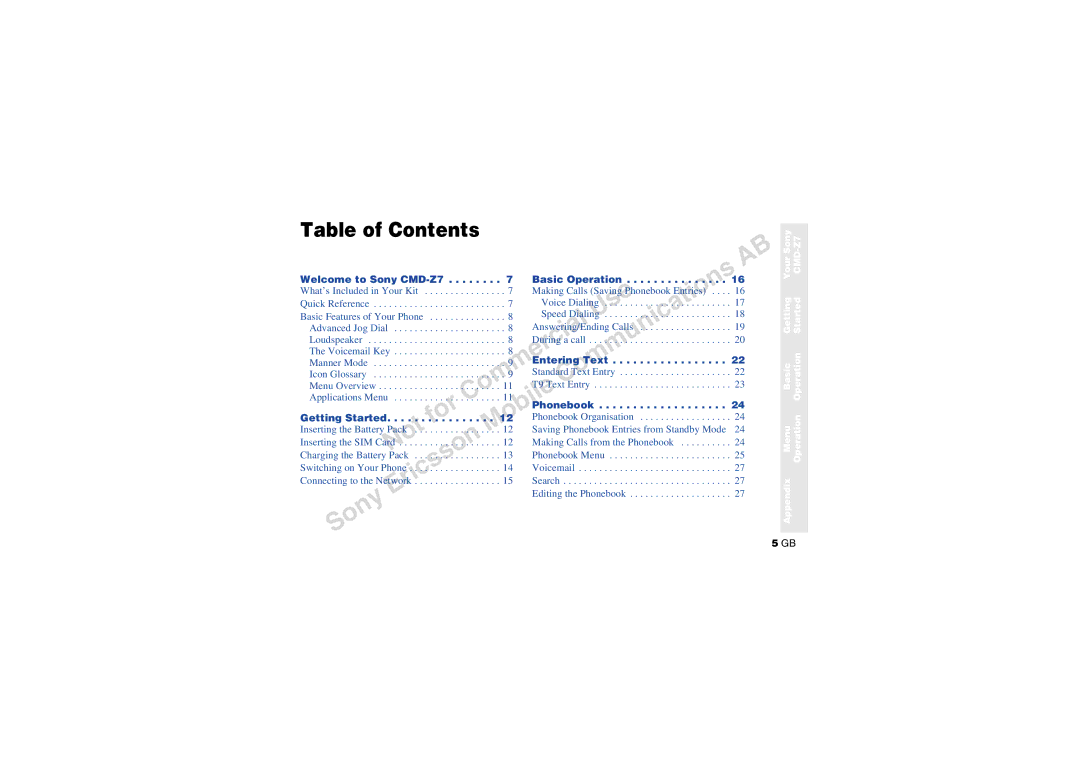 Sony CMD-Z7 manual Table of Contents 