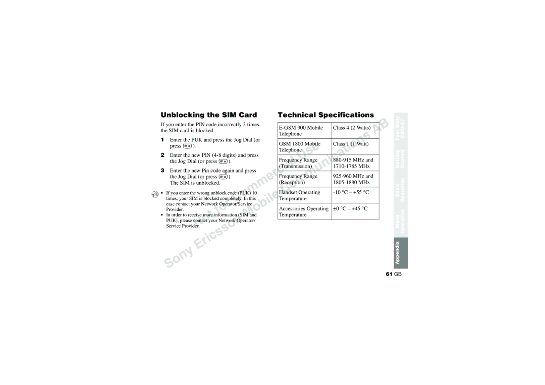 Sony CMD-Z7 manual Unblocking the SIM Card Technical Specifications, MHz SIM is unblocked, MHz +55 C, Temperature 