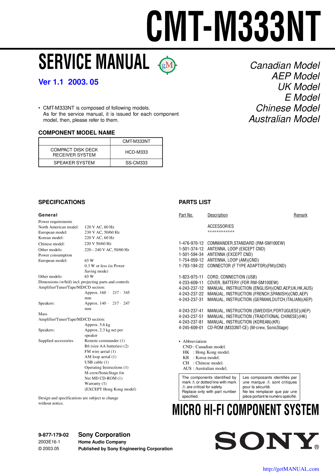 Sony CMT-M333NT service manual Compact Disk Deck, Receiver System, Speaker System, Accessories 