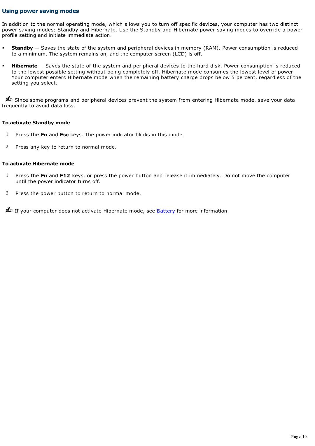 Sony computer specifications Using power saving modes, To activate Standby mode, To activate Hibernate mode 