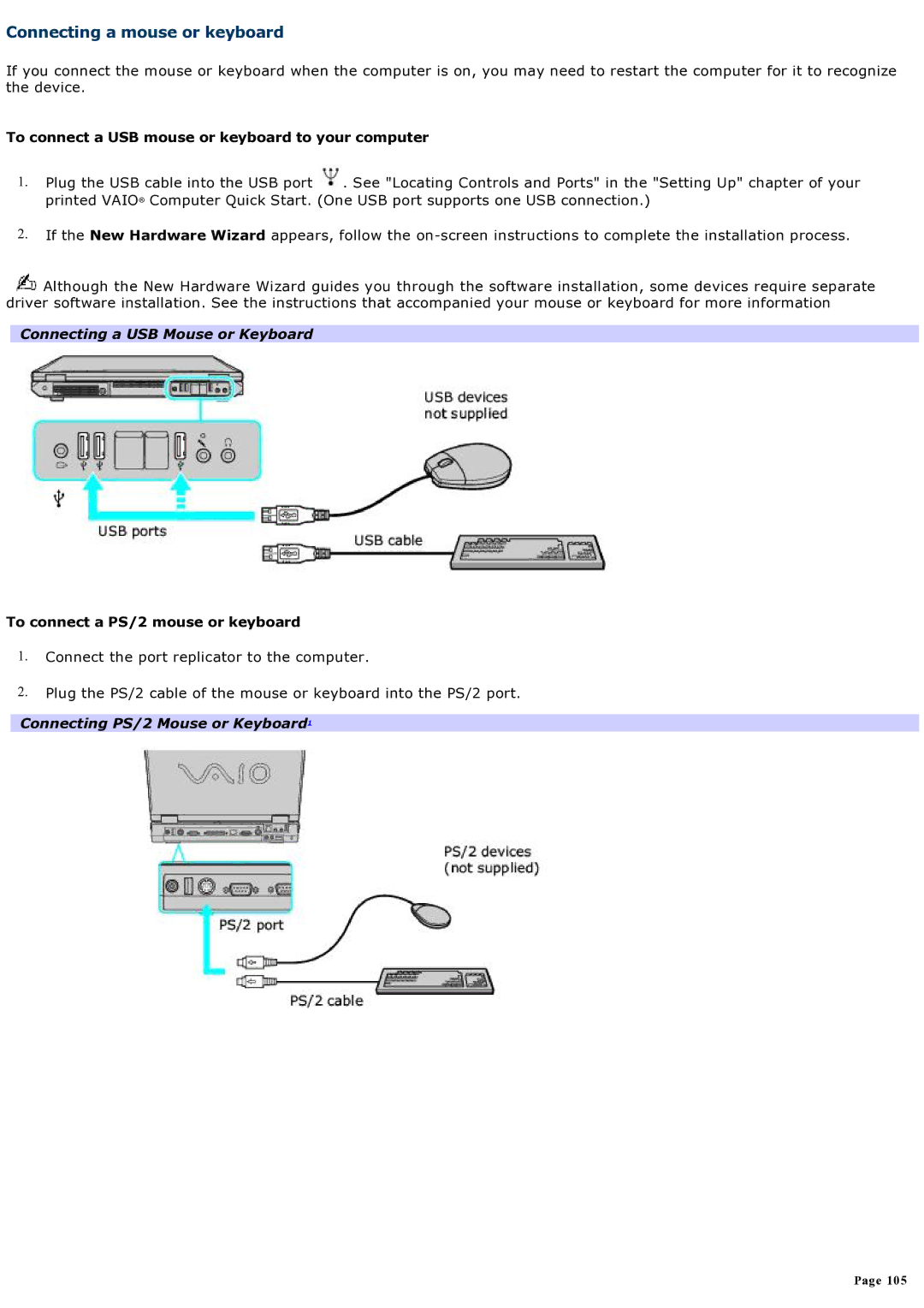 Sony specifications Connecting a mouse or keyboard, To connect a USB mouse or keyboard to your computer 