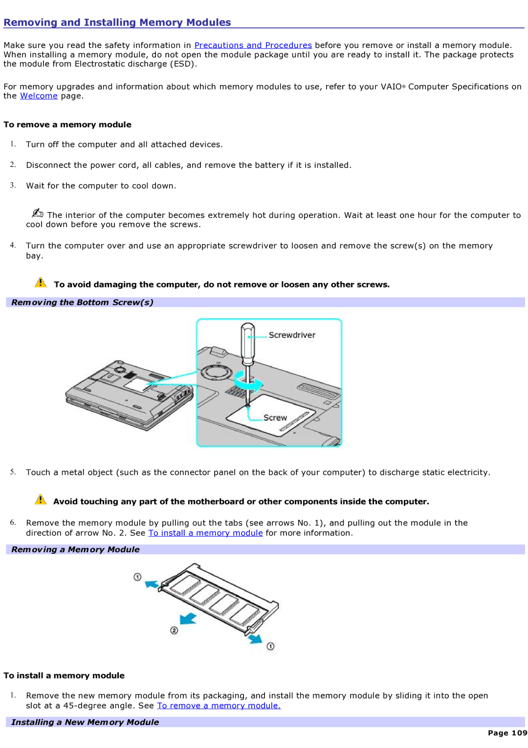 Sony computer specifications Removing and Installing Memory Modules, Removing the Bottom Screws, Removing a Memory Module 