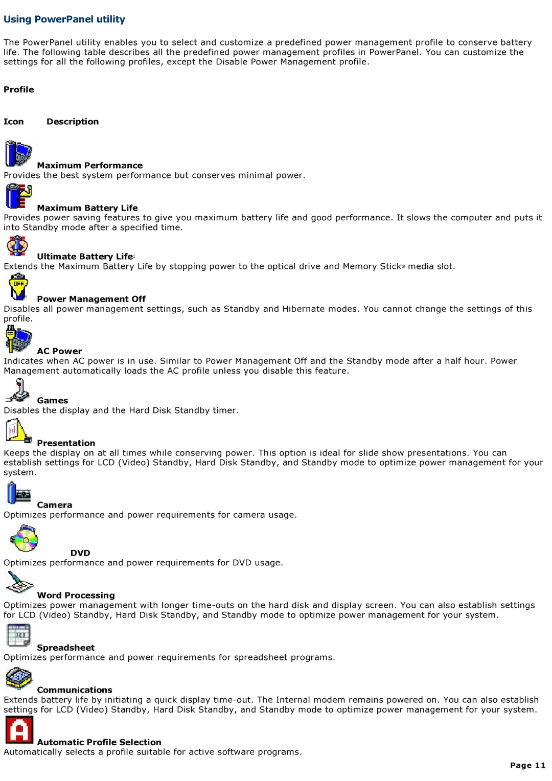 Sony computer specifications Using PowerPanel utility 