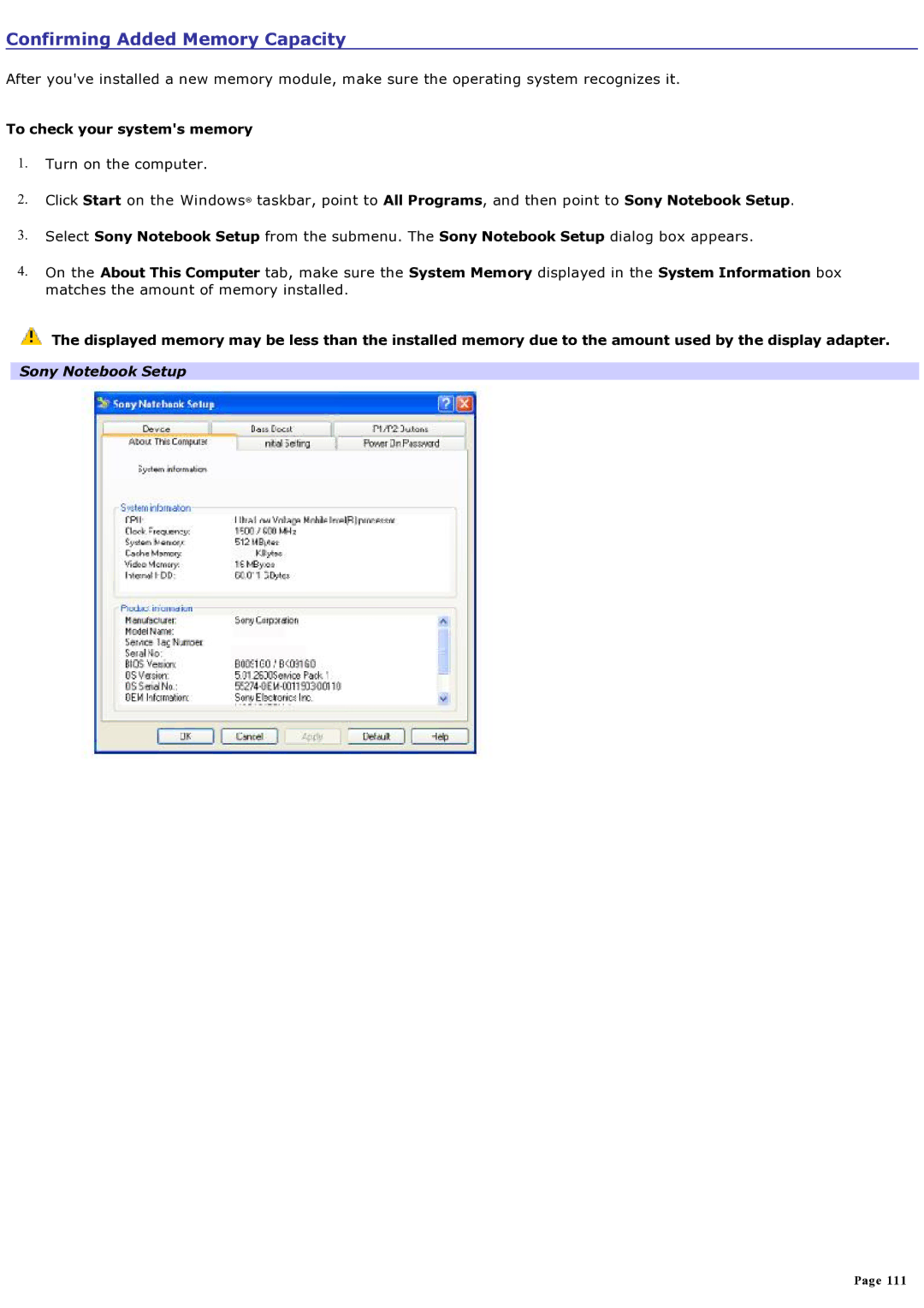 Sony computer specifications Confirming Added Memory Capacity, To check your systems memory 