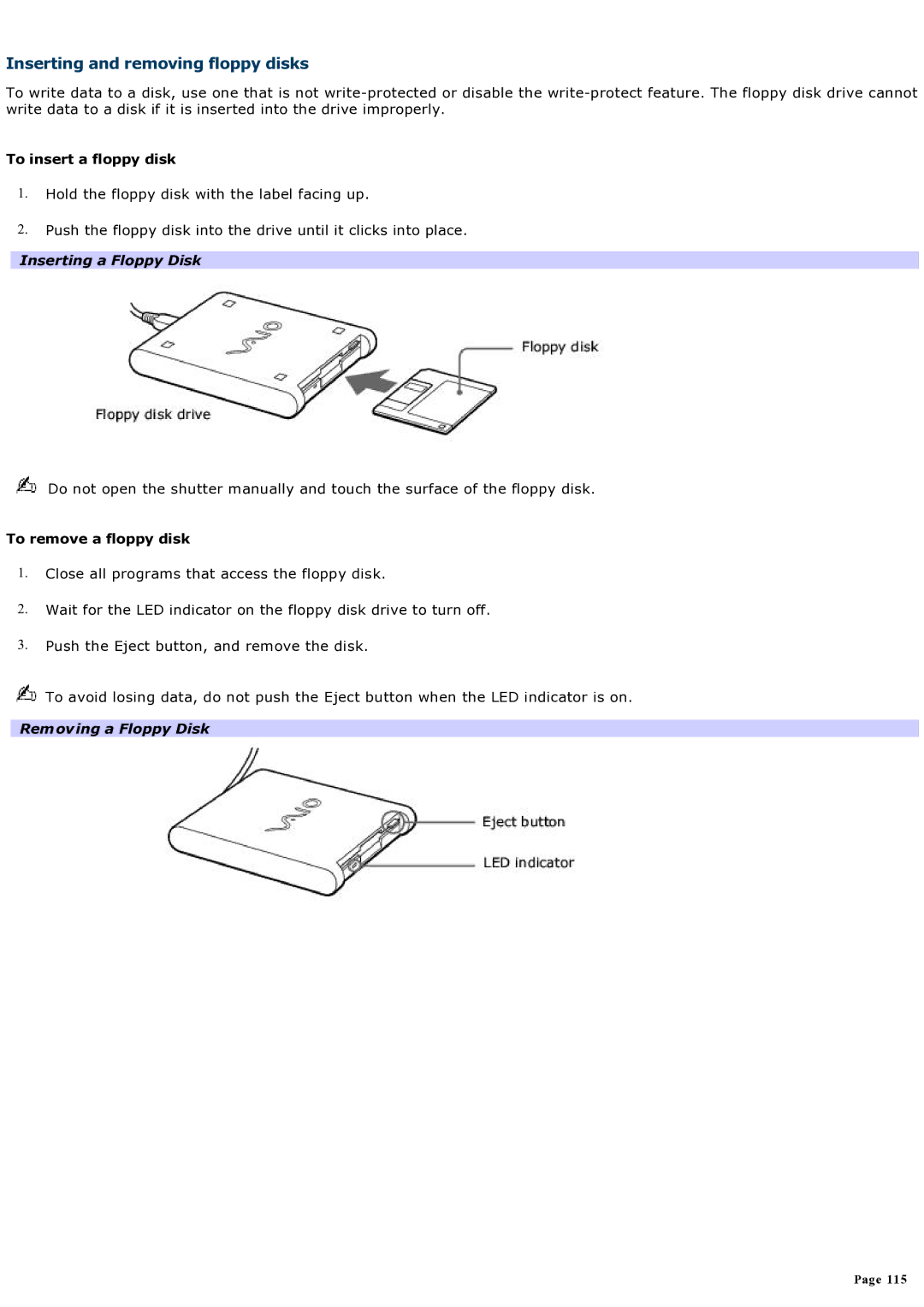 Sony computer specifications Inserting and removing floppy disks, To insert a floppy disk, Inserting a Floppy Disk 