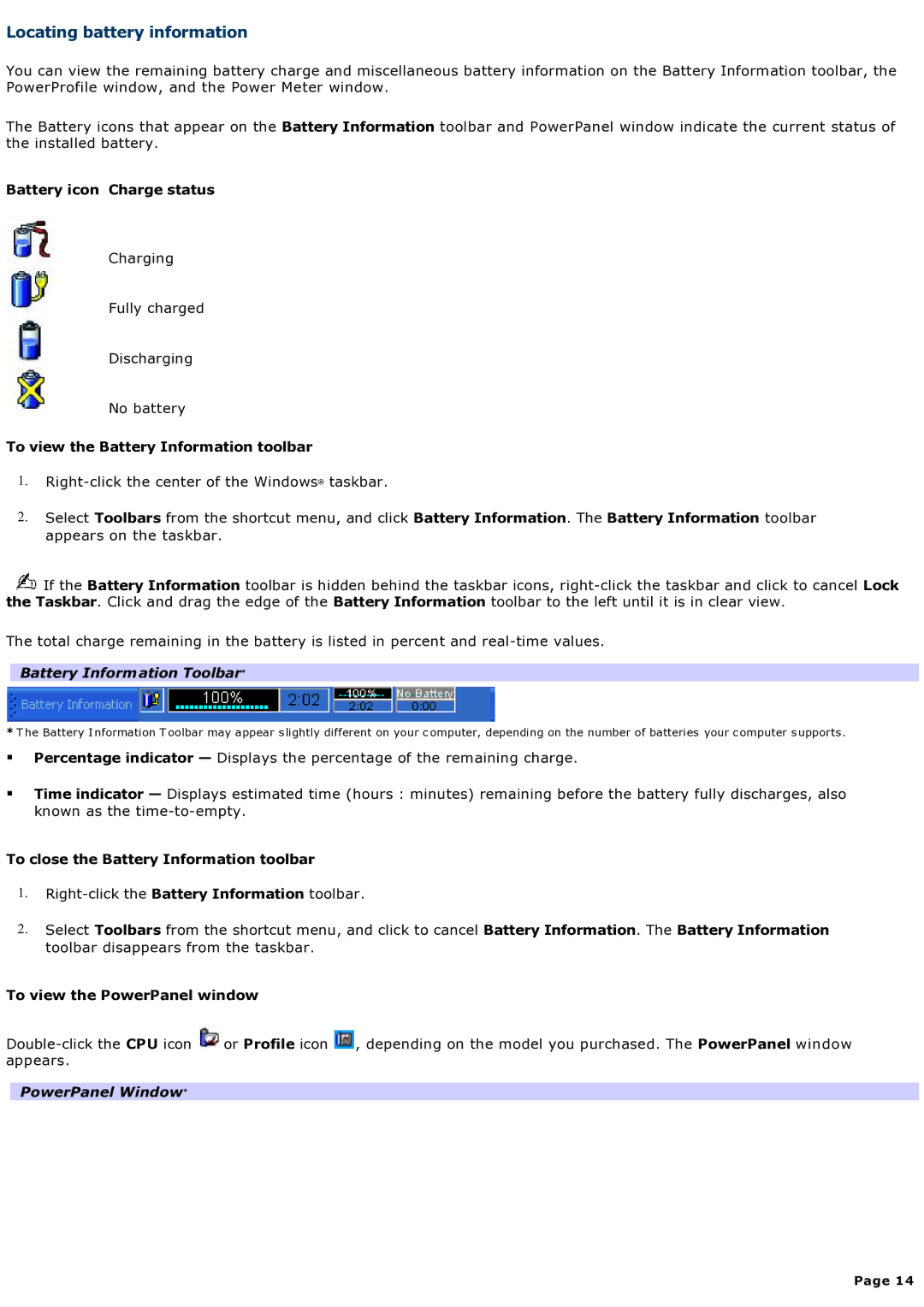 Sony computer specifications Locating battery information, Battery Information Toolbar, PowerPanel Window 