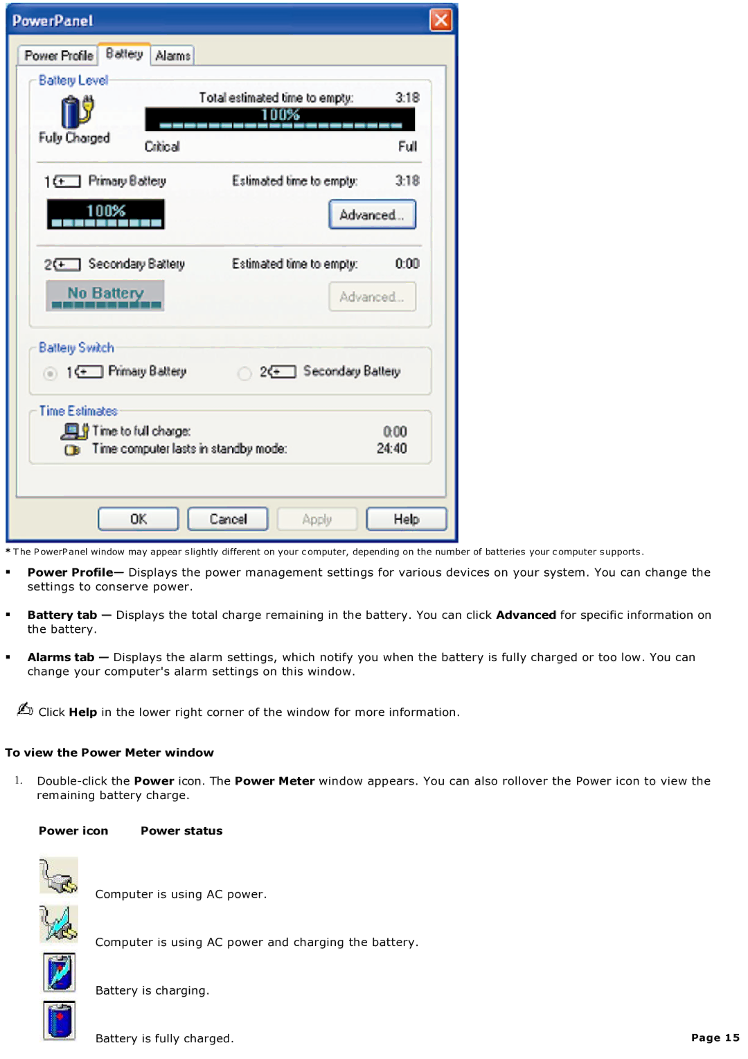 Sony computer specifications To view the Power Meter window, Power icon Power status 