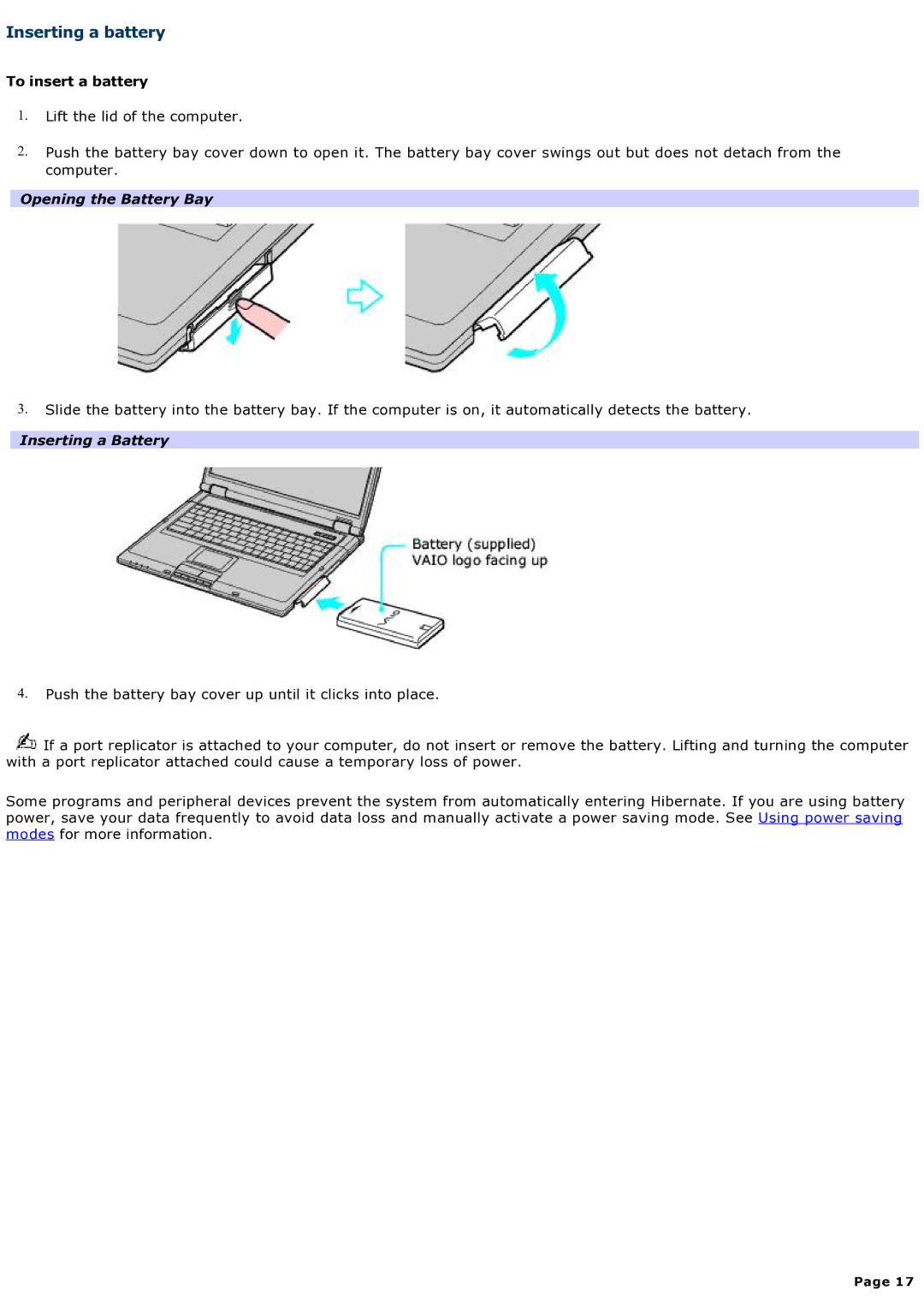 Sony computer specifications Inserting a battery, To insert a battery, Opening the Battery Bay, Inserting a Battery 