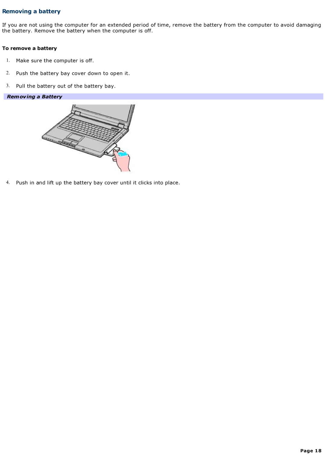 Sony computer specifications Removing a battery, To remove a battery, Removing a Battery 