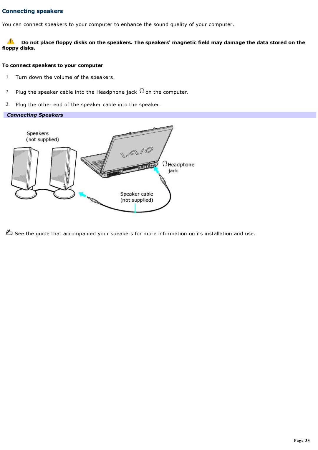 Sony computer specifications Connecting speakers, Connecting Speakers 