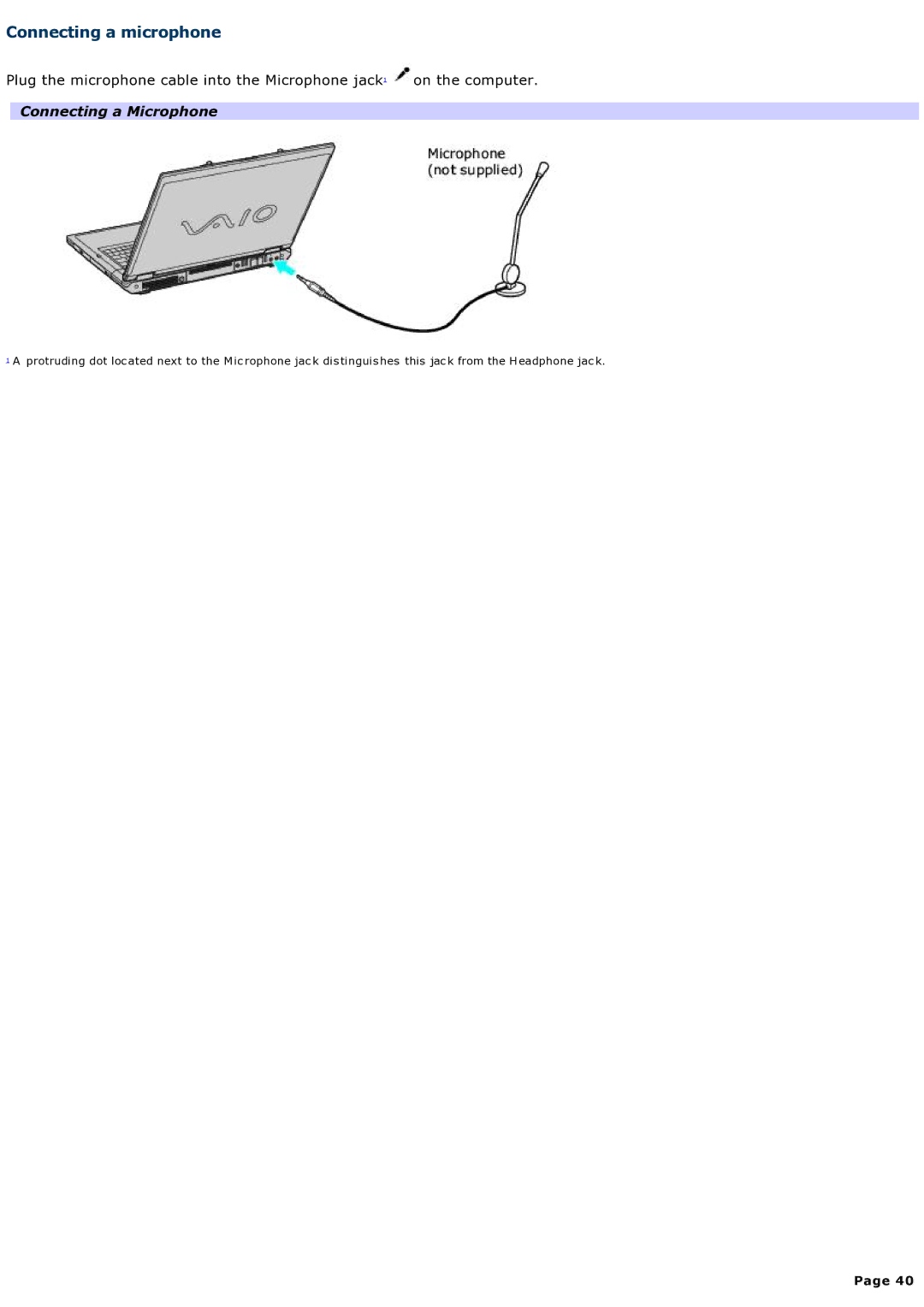 Sony computer specifications Connecting a microphone, Connecting a Microphone 