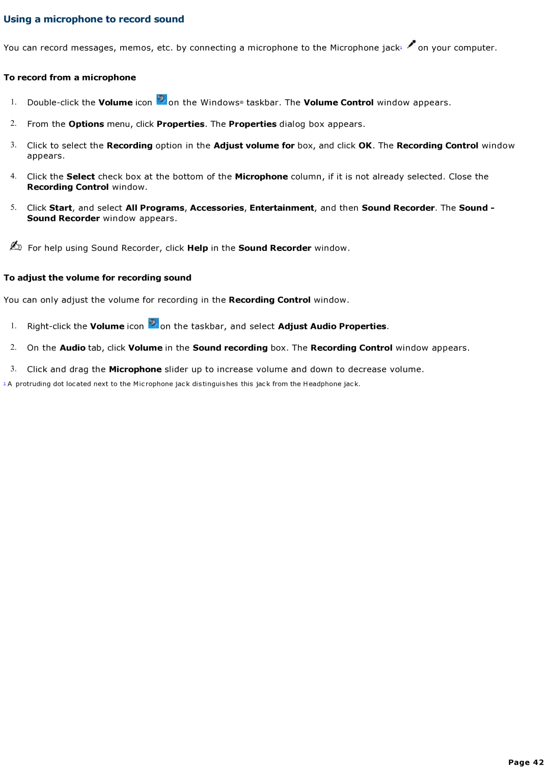 Sony computer specifications Using a microphone to record sound, To record from a microphone, Recording Control window 