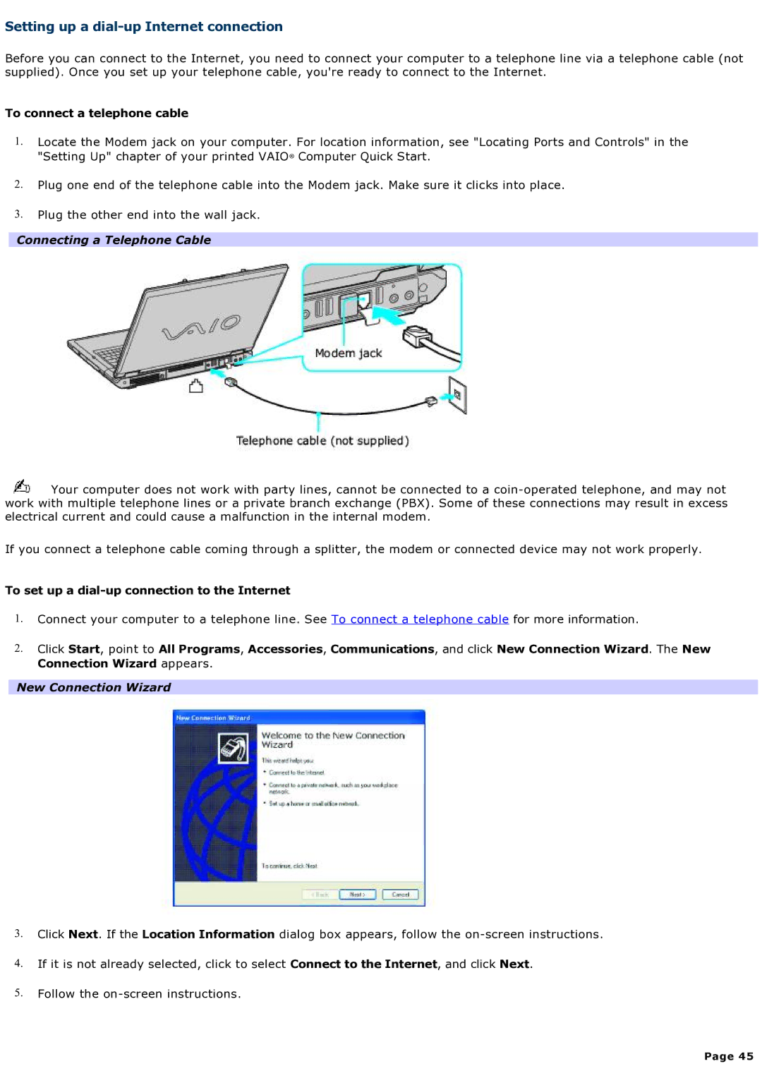 Sony computer Setting up a dial-up Internet connection, To connect a telephone cable, Connecting a Telephone Cable 