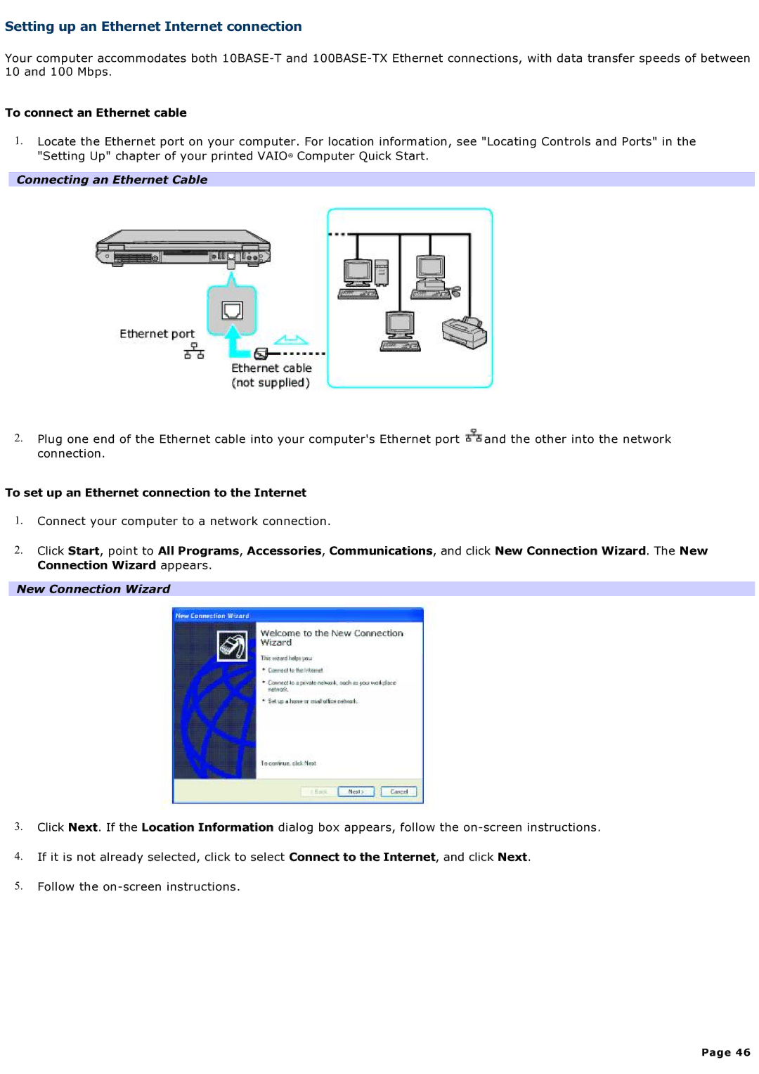 Sony computer Setting up an Ethernet Internet connection, To connect an Ethernet cable, Connecting an Ethernet Cable 