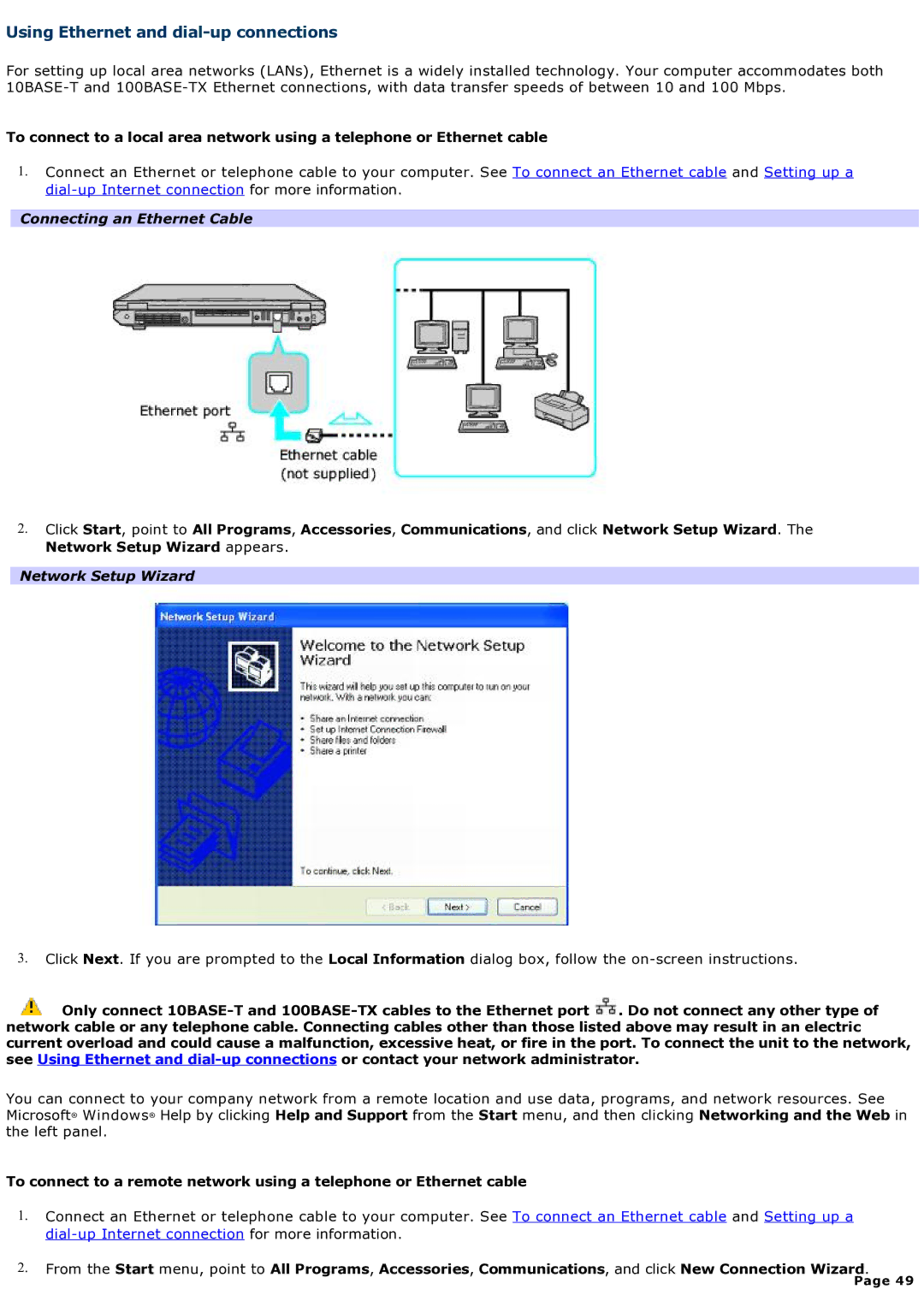 Sony computer specifications Using Ethernet and dial-up connections, Network Setup Wizard 