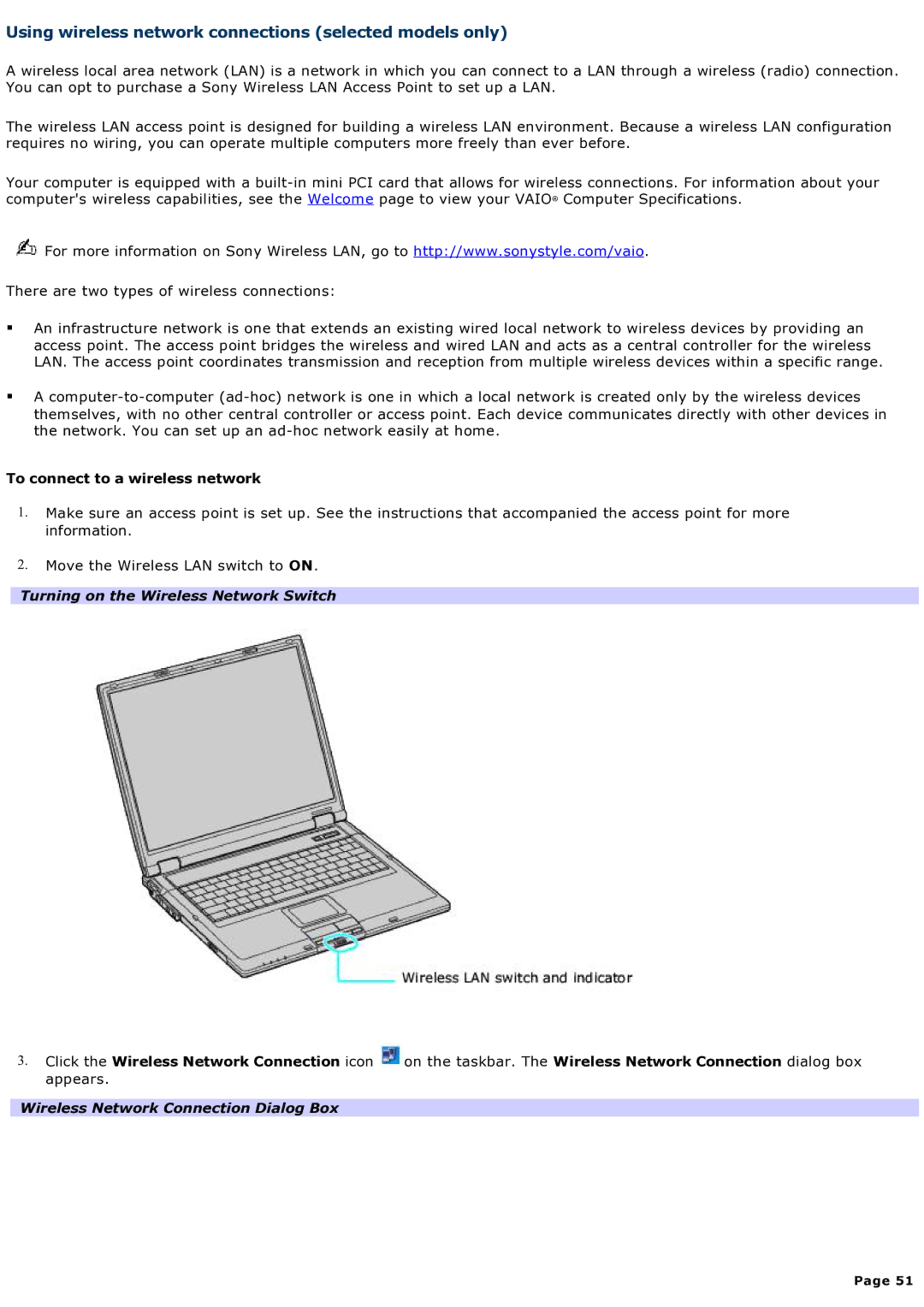 Sony computer specifications Using wireless network connections selected models only, To connect to a wireless network 