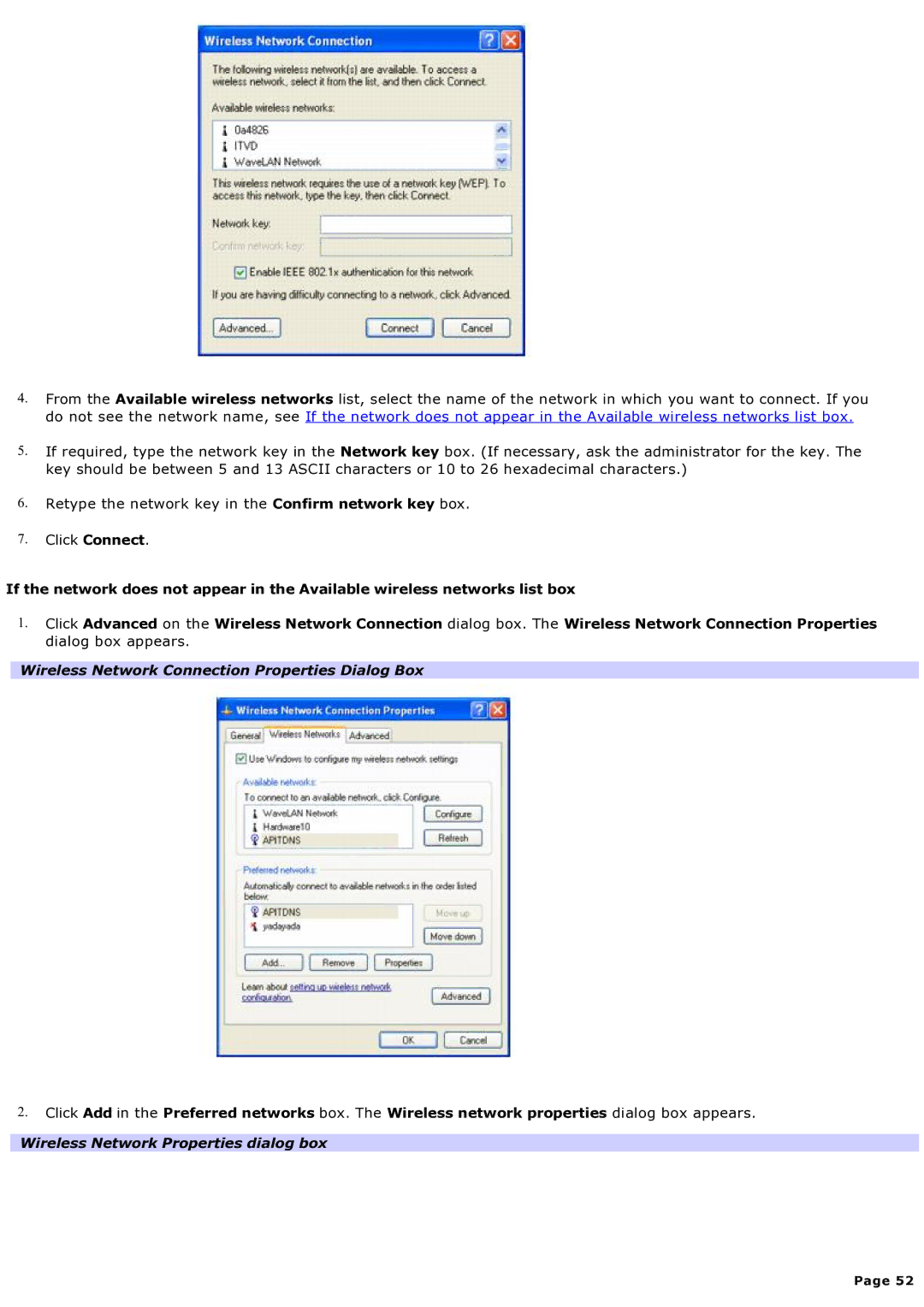 Sony computer specifications Wireless Network Connection Properties Dialog Box, Wireless Network Properties dialog box 