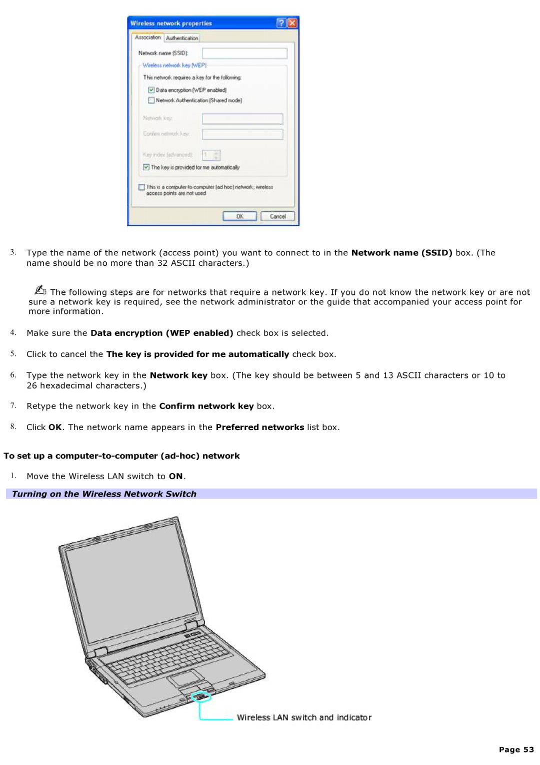 Sony specifications To set up a computer-to-computer ad-hoc network 