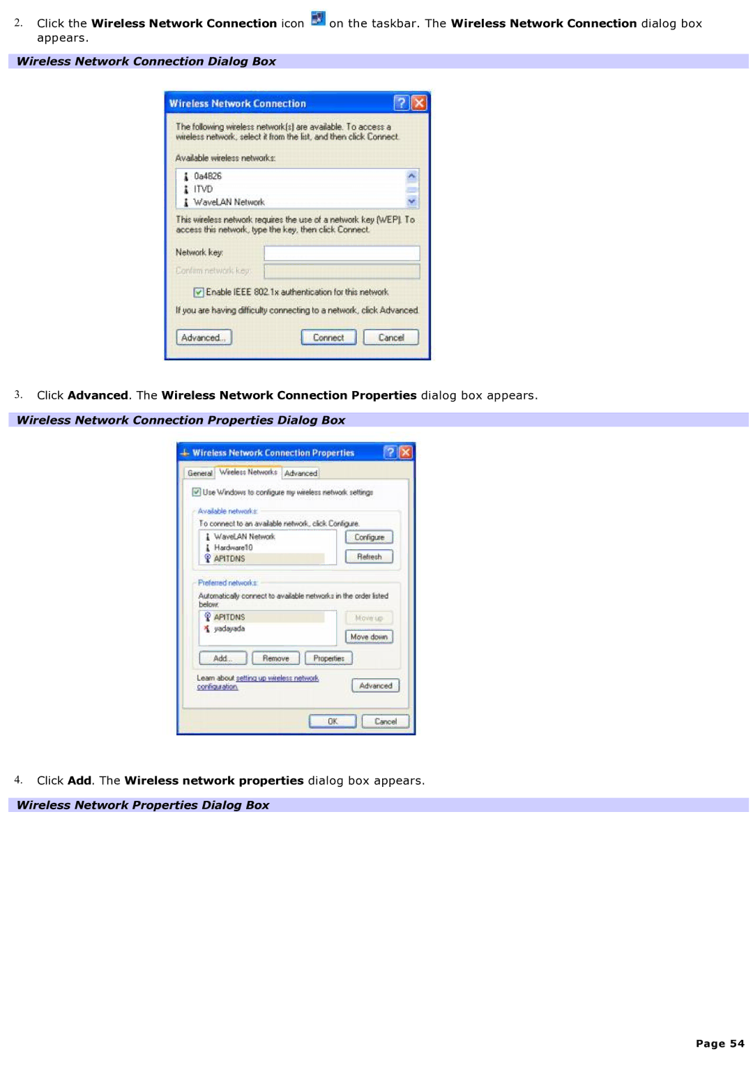 Sony computer specifications Wireless Network Connection Dialog Box 