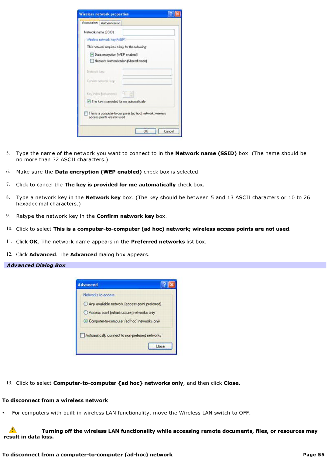 Sony computer specifications Advanced Dialog Box 