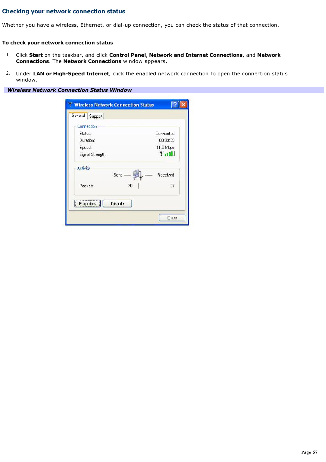 Sony computer specifications Checking your network connection status, Wireless Network Connection Status Window 