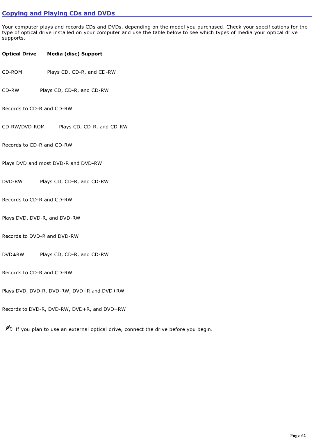 Sony computer specifications Copying and Playing CDs and DVDs, Optical Drive Media disc Support 