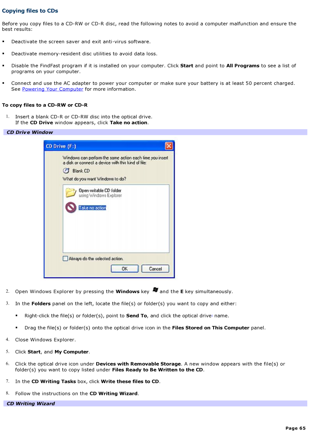 Sony computer specifications Copying files to CDs, CD Drive Window, CD Writing Wizard 