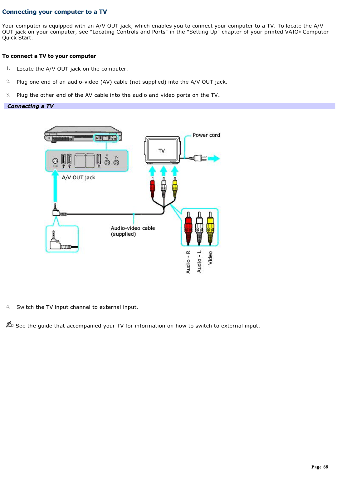 Sony specifications Connecting your computer to a TV, To connect a TV to your computer, Connecting a TV 