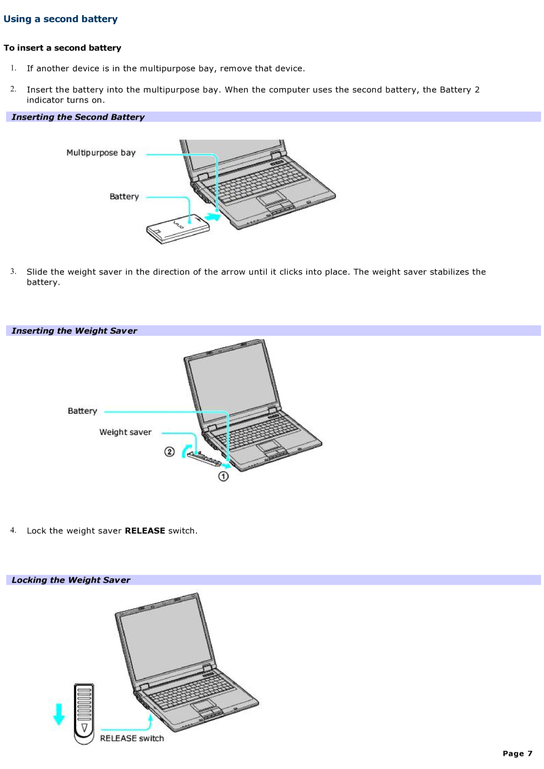 Sony computer Using a second battery, To insert a second battery, Inserting the Second Battery, Inserting the Weight Saver 