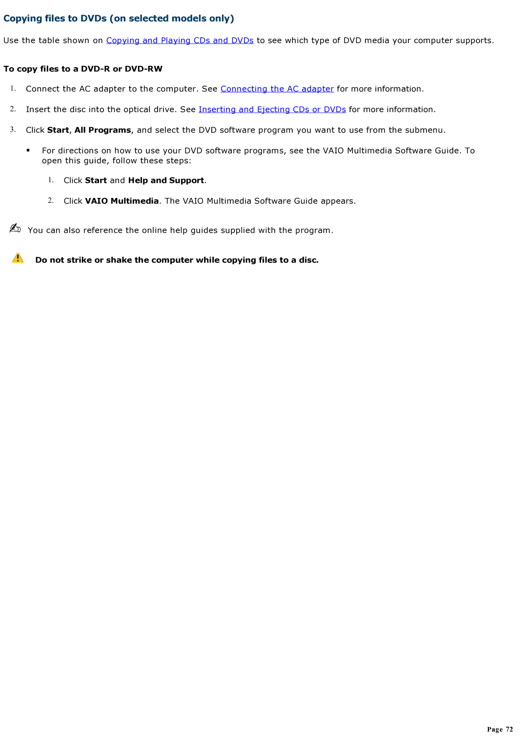 Sony computer specifications Copying files to DVDs on selected models only, To copy files to a DVD-R or DVD-RW 