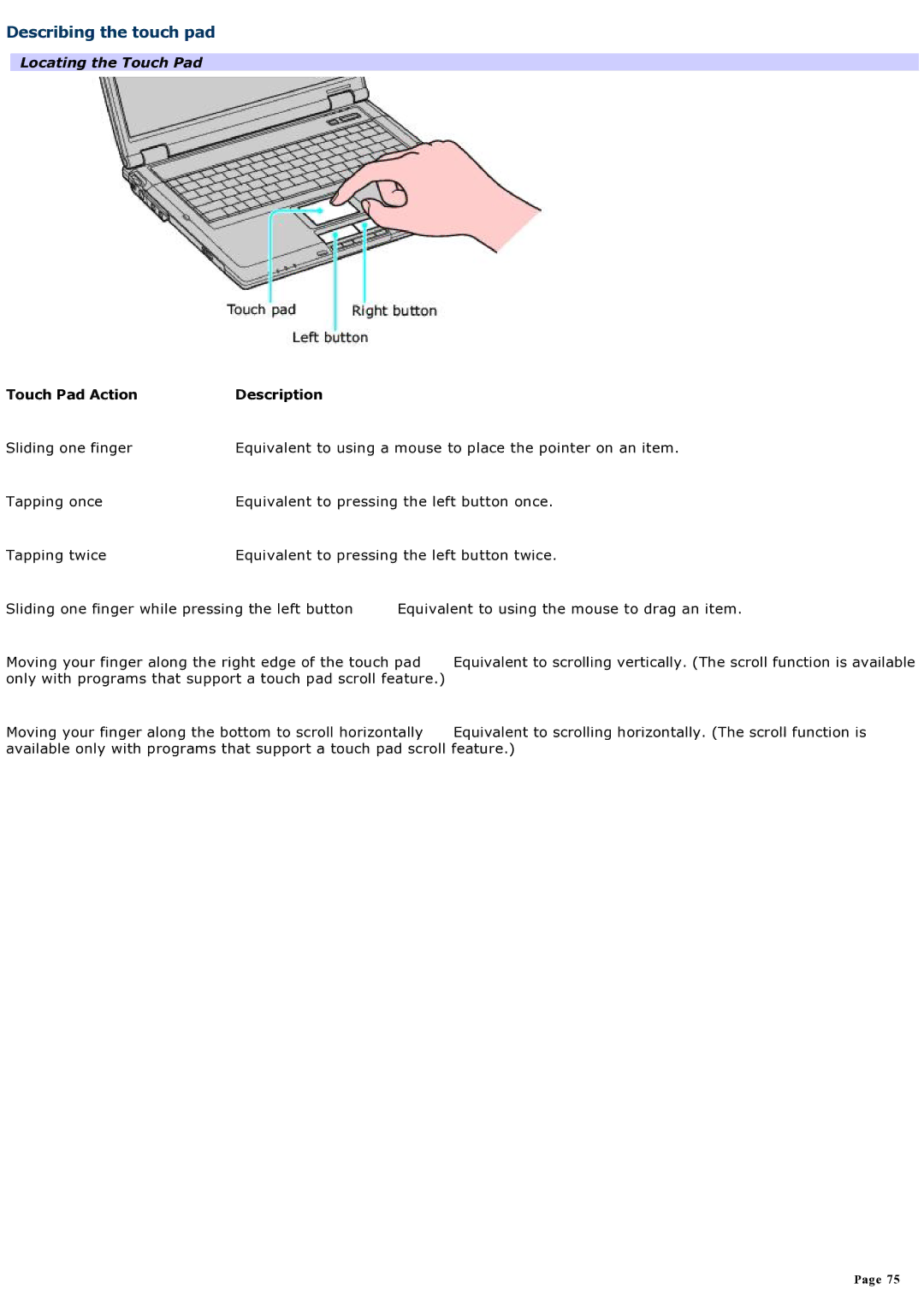 Sony computer specifications Describing the touch pad, Locating the Touch Pad, Touch Pad Action Description 