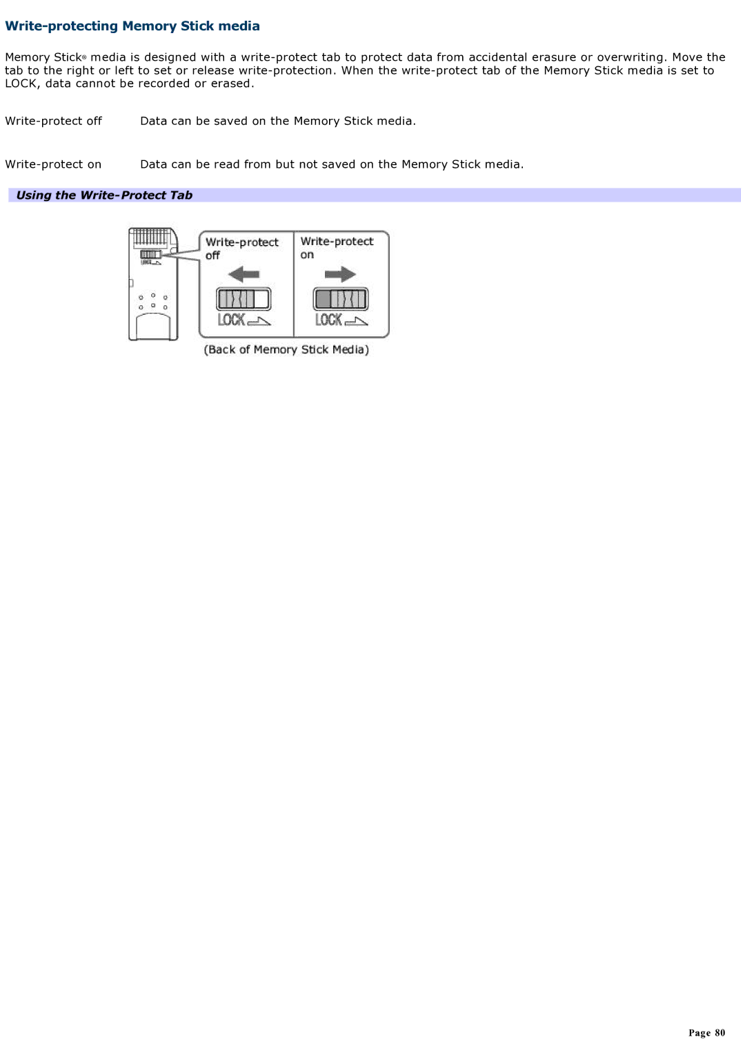 Sony computer specifications Write-protecting Memory Stick media, Using the Write-Protect Tab 