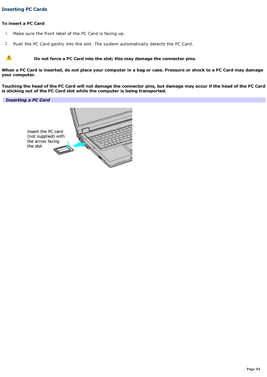 Sony computer specifications Inserting PC Cards, To insert a PC Card, Inserting a PC Card 