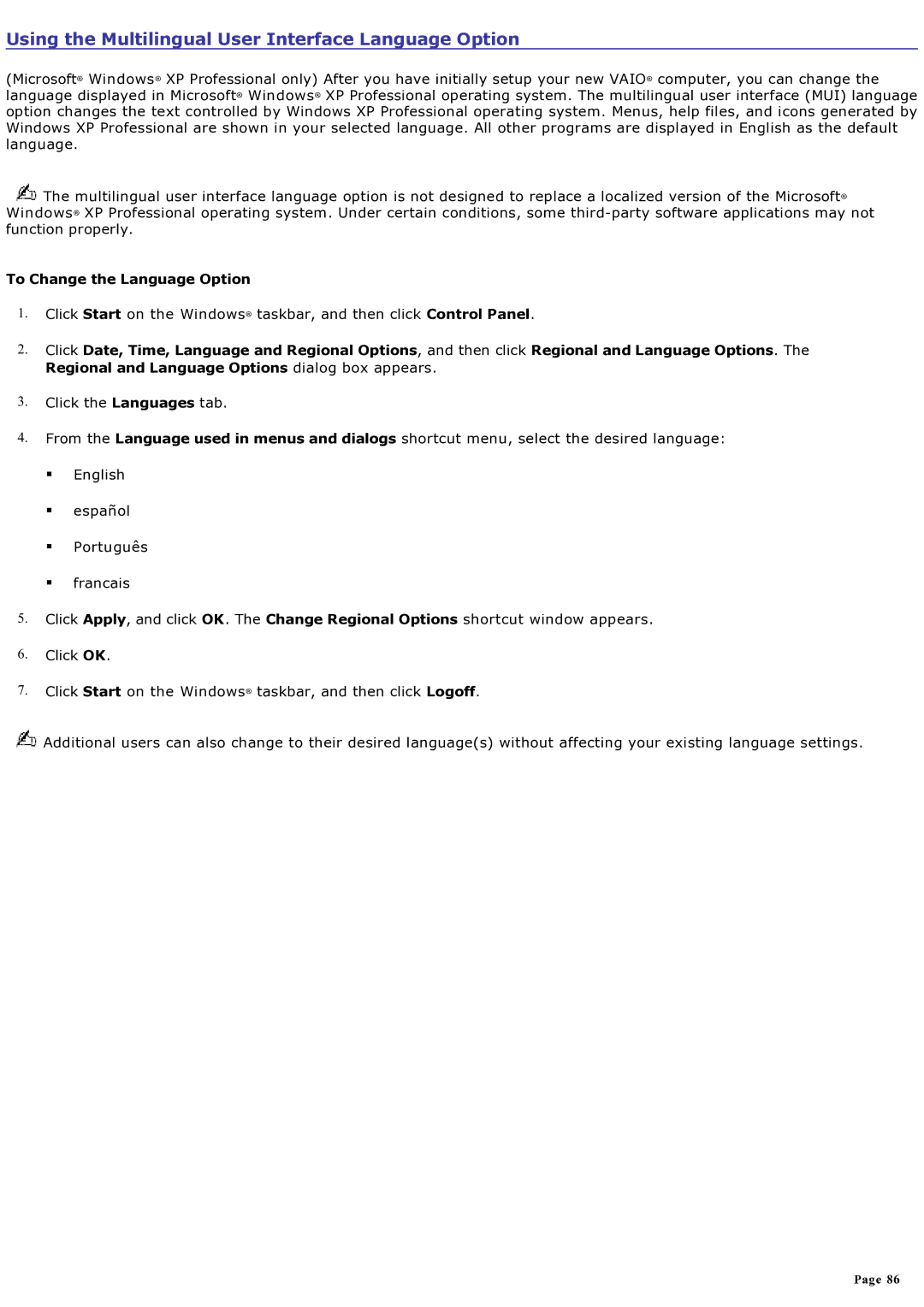 Sony computer specifications Using the Multilingual User Interface Language Option, To Change the Language Option 