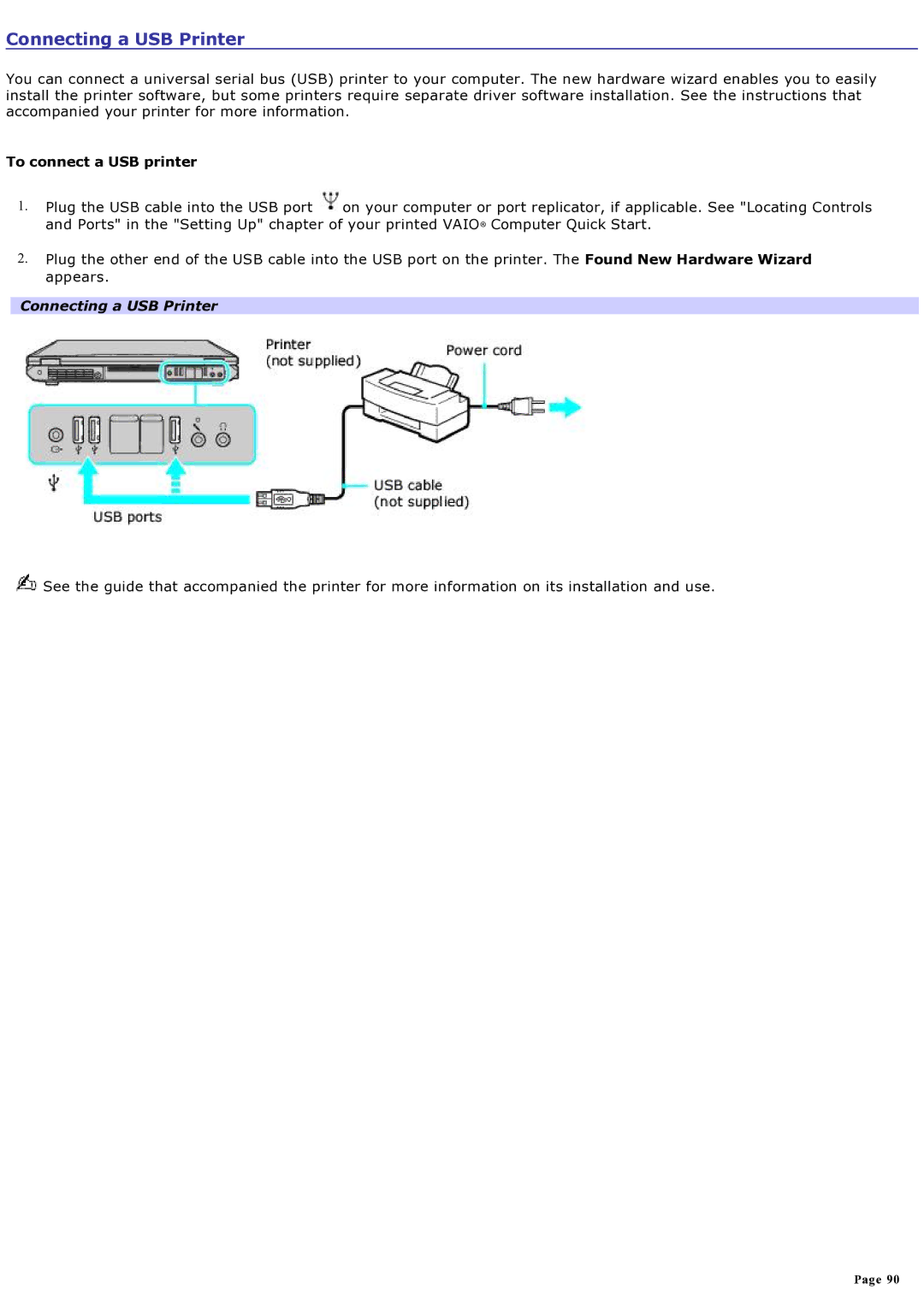 Sony computer specifications Connecting a USB Printer, To connect a USB printer 