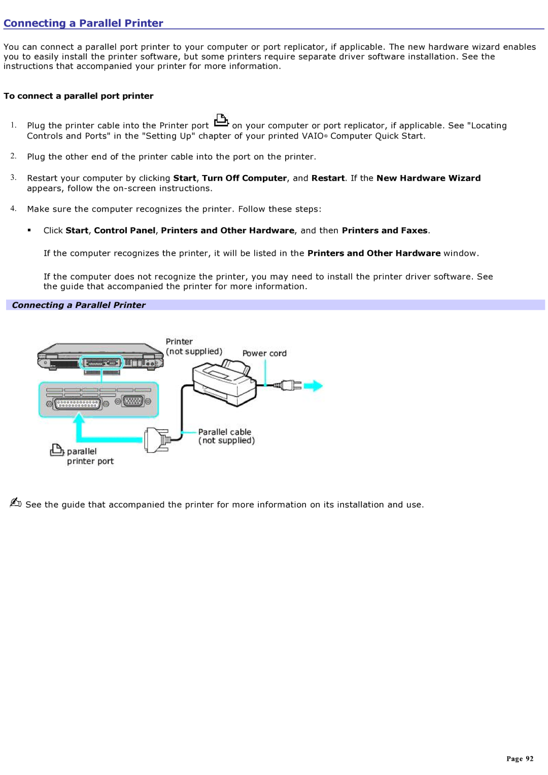 Sony computer specifications Connecting a Parallel Printer, To connect a parallel port printer 