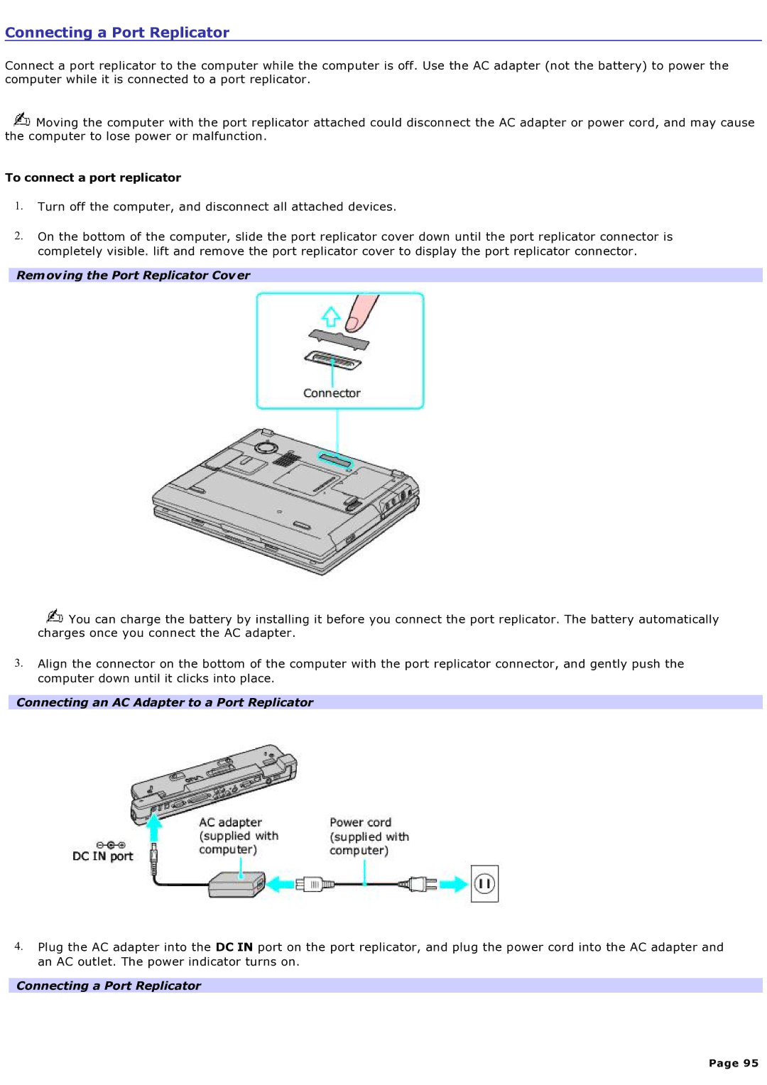 Sony computer specifications Connecting a Port Replicator, To connect a port replicator, Removing the Port Replicator Cover 