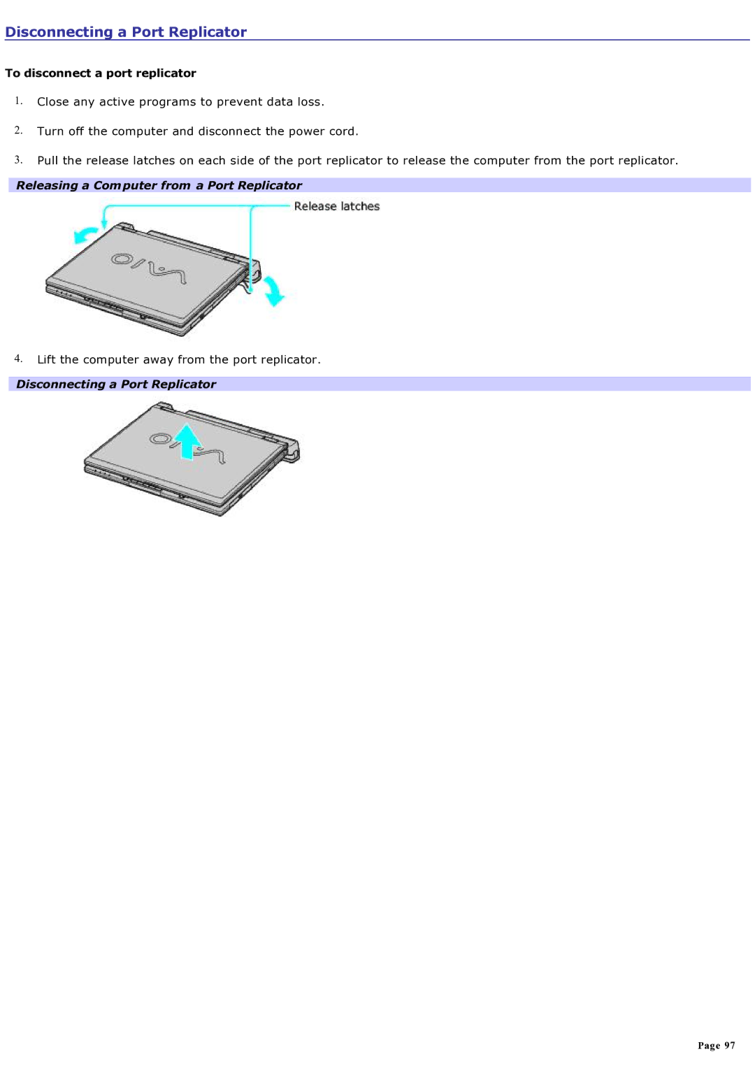 Sony computer specifications Disconnecting a Port Replicator, To disconnect a port replicator 