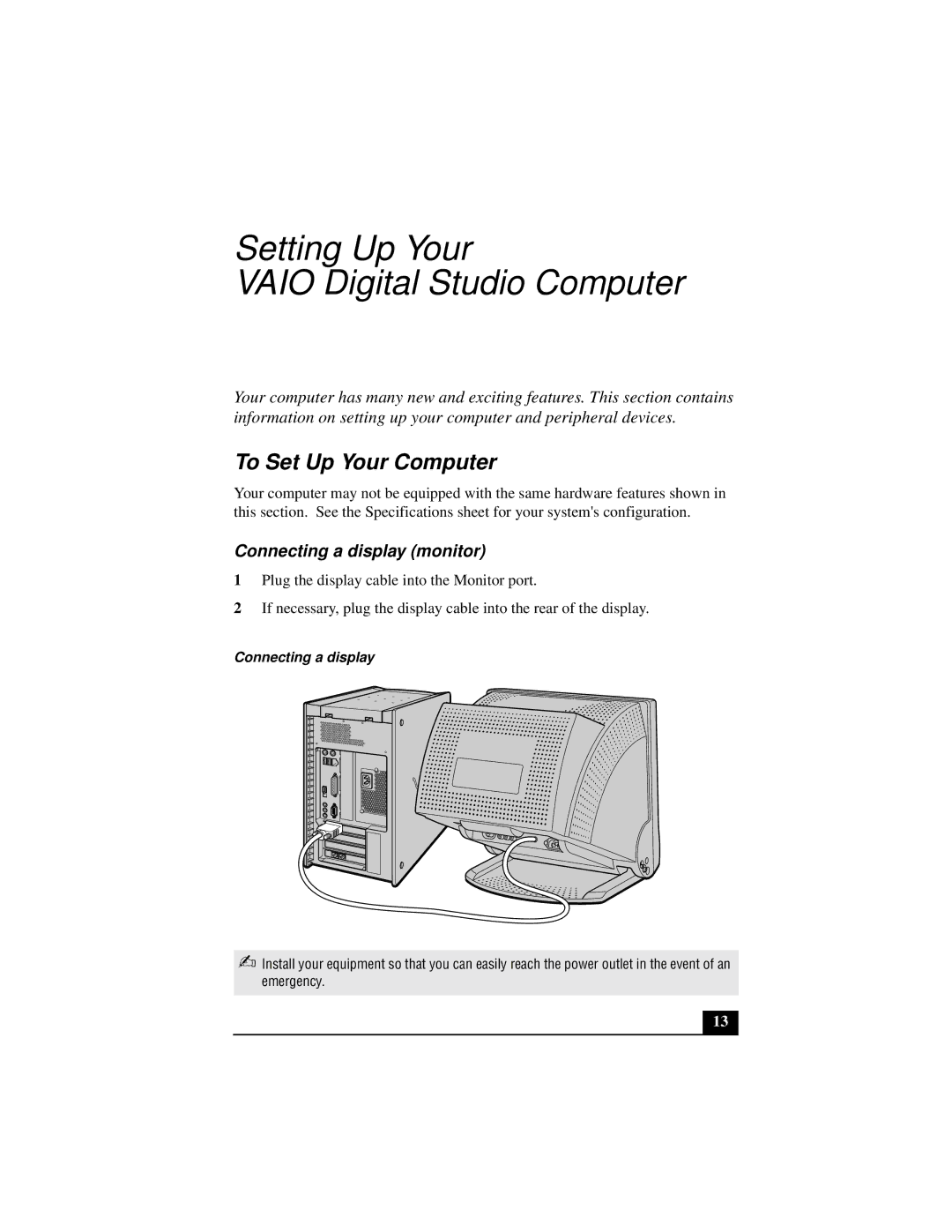 Sony Countertop Computer quick start To Set Up Your Computer, Connecting a display monitor 