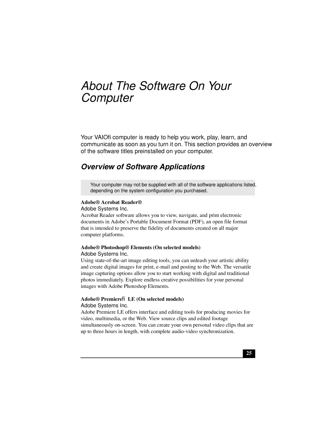 Sony Countertop Computer quick start Overview of Software Applications, Adobe Acrobat Reader, Adobe Systems Inc 