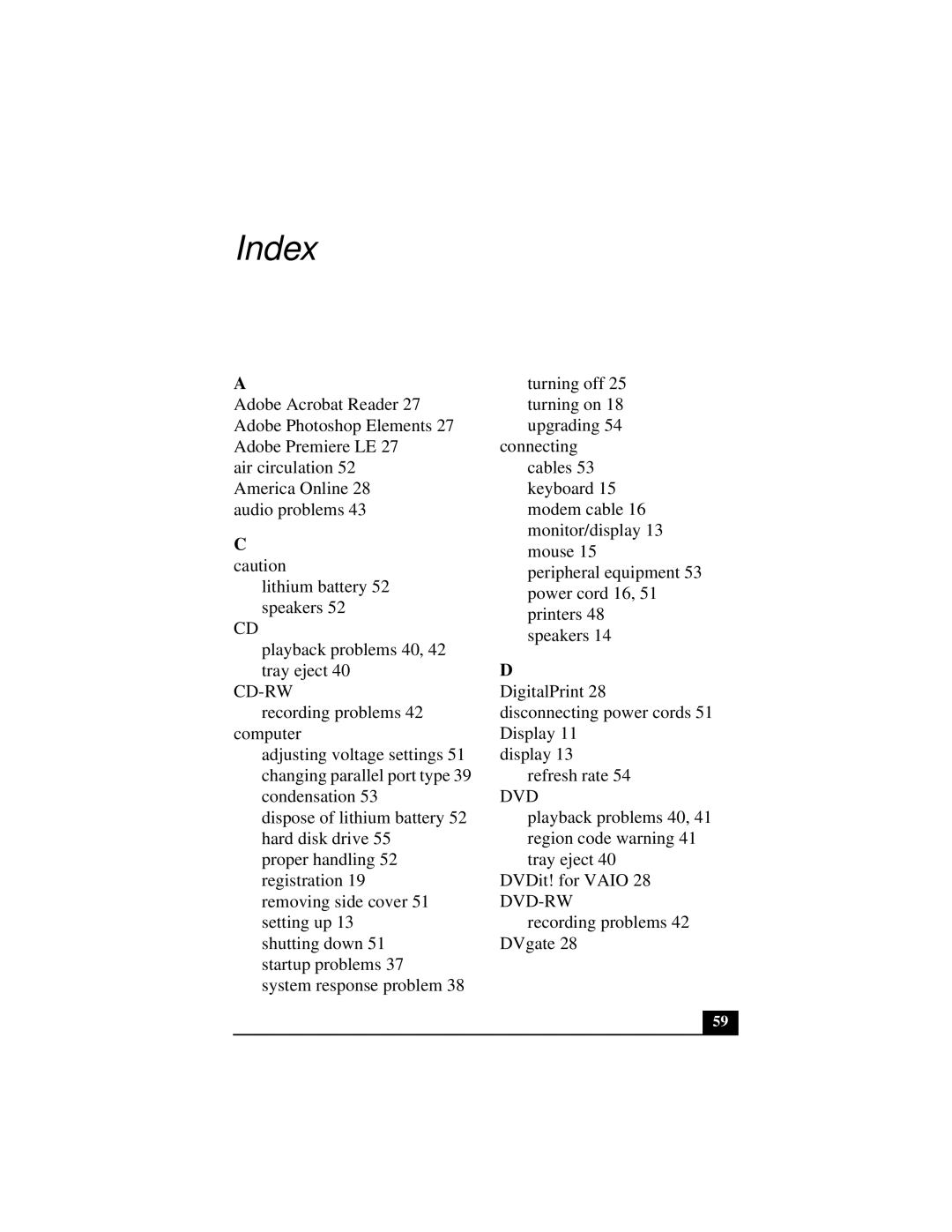 Sony Countertop Computer quick start Index 